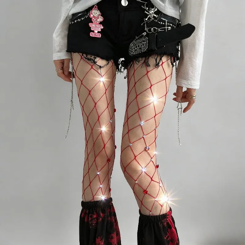 

Y2K Diamond Fishnet Tights Women Lingerie Sexy Lace Mesh Larger Fishing Net Stockings Rhinestone Bling Nightclub Pantyhose Socks