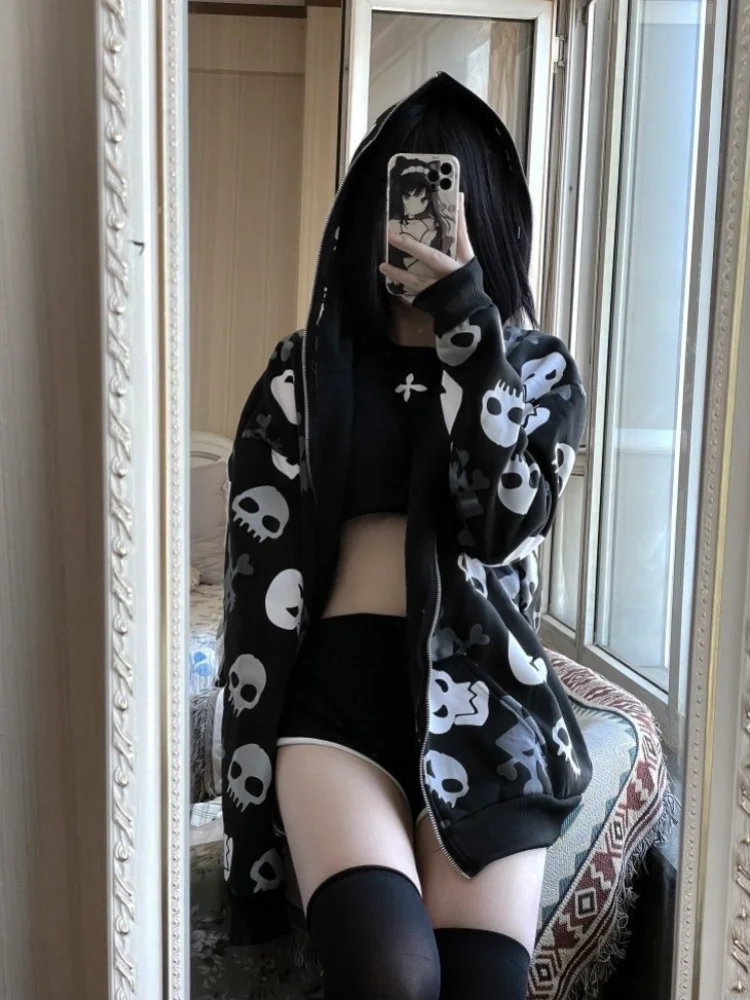 HOUZHOU-Hoodies femininos de Harajuku Grunge Vintage com zíper, moletom gótico japonês com estampa de crânio, roupas Y2K Streetwear, 2023