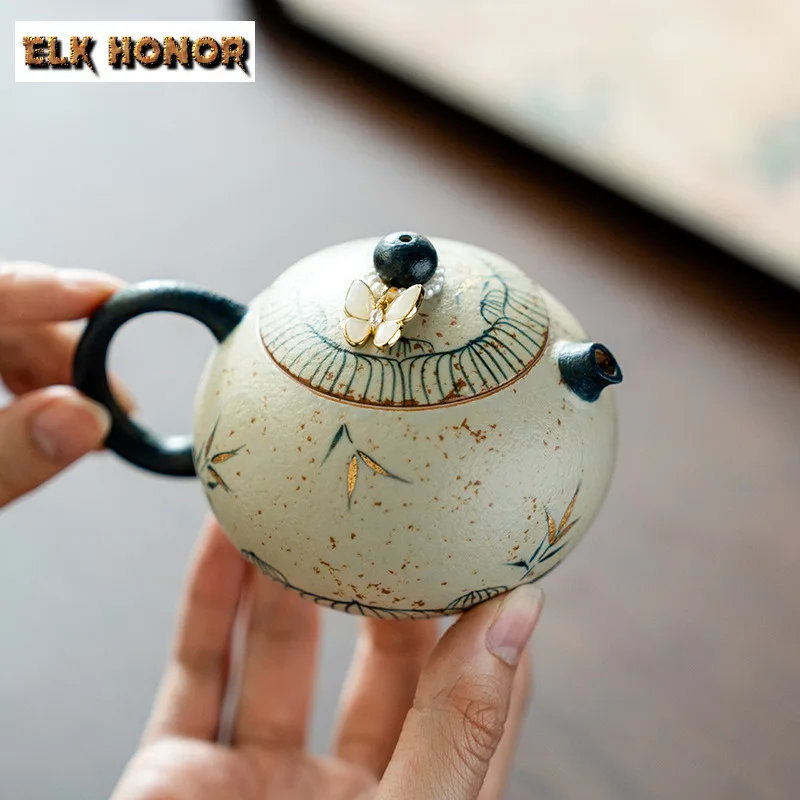 150ml Hand-painted Bamboo Shadow Xishi Teapot Retro Tea Infuser Pot Tea Brewing Kettle With Ball Hole Oolong Tea Tableware Gift