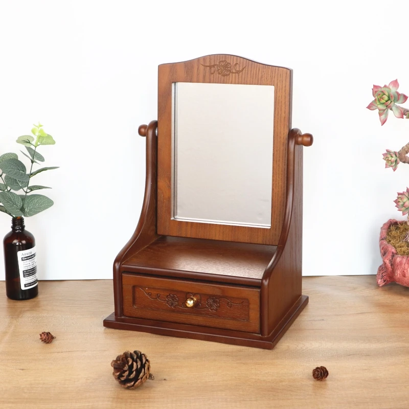 Wooden Desktop Makeup Mirror Storage Organizer Vintage Dressing Table Mirror for Girls Vanity Mirror 360° Rotatable