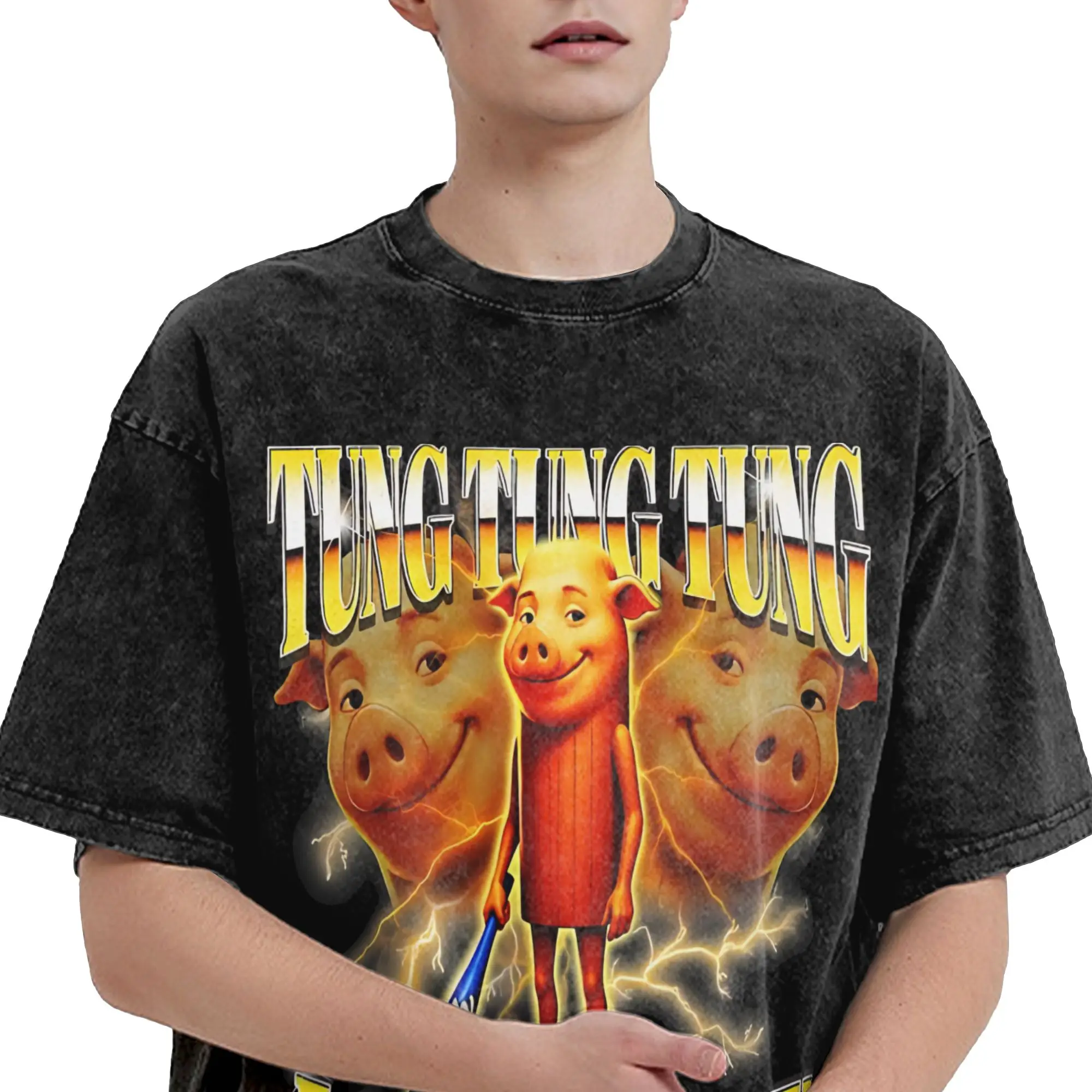 Chaotic Pig Meme Y2K Bootleg Retro Phone Call  Washed T Shirts Streetwear Hip Hop Casual T-Shirt  Tee Shirt Men Women