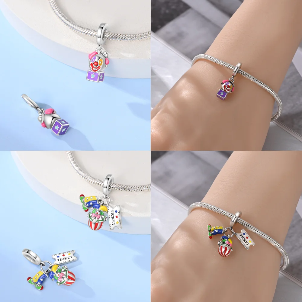 925 Sterling Silver Clown Poker Show 3 Piece Pendant Set Beads Charms fit Bracelets and Necklaces Dangle Pendants Fine Jewelry