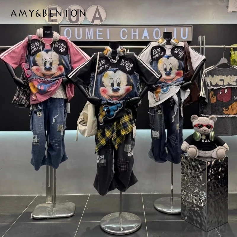 

Spring Summer 2026 New Heavy Craft Patchwork Embroidered Cartoon Short-sleeves T-shirt Women's Fashion Design Top Pullover Tees