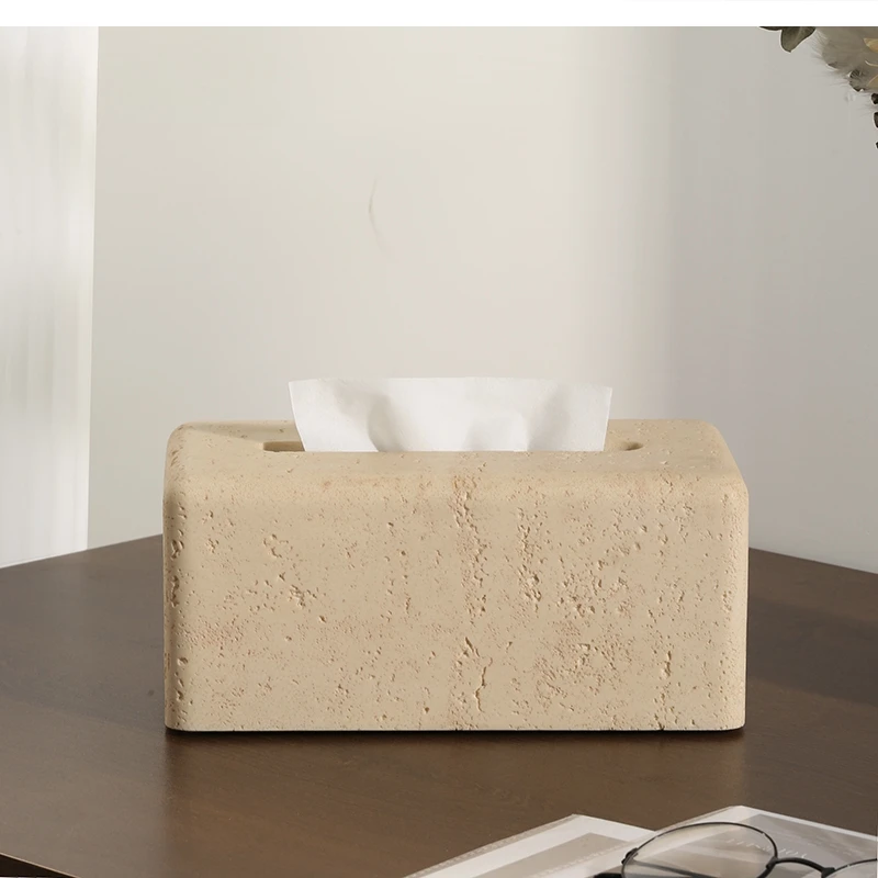 Wabi-sabi wind tunnel stone napkin box household light luxury living room decoration coffee table tissue holder