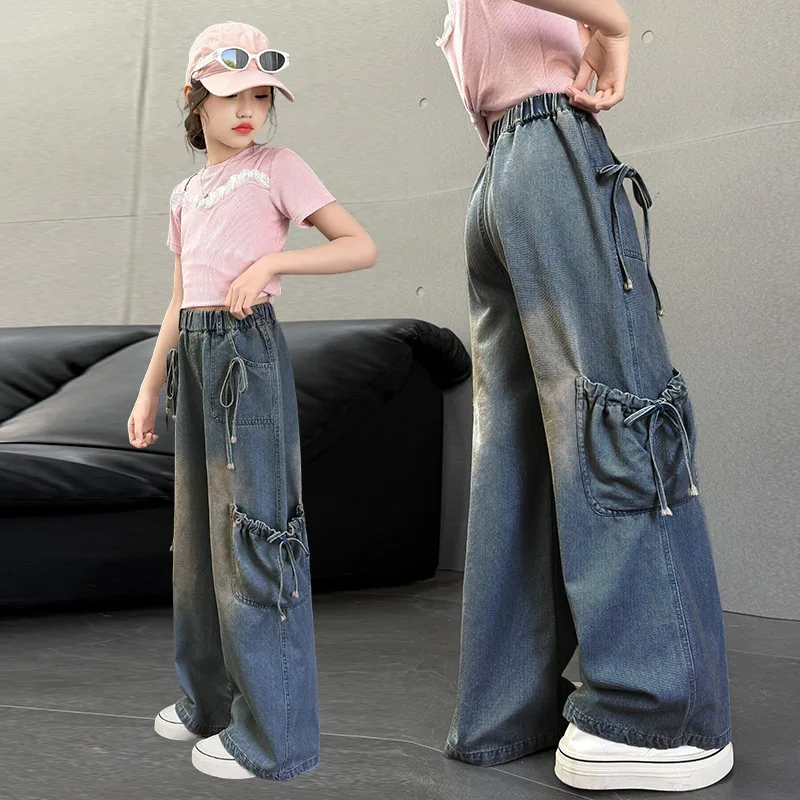 Stylish Children Loose Straight Cargo Jeans with Side Pocket for Teenage Girls Spring Autumn Wide-leg Denim Pants Kids Trousers