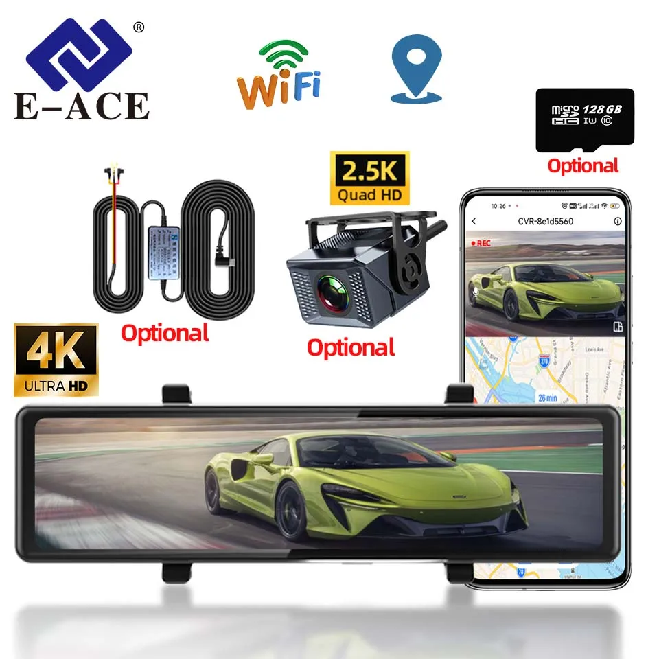 Câmera Veicular Inteligente E-ACE12" UHD 4K 2160P com GPS e Wi-Fi, Espelho Retrovisor com Câmera Traseira 2.5K Opcional, Monitoramento de Estacionamento 24H