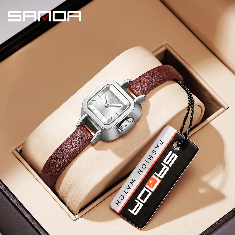 Sanda 1117 relógio de quartzo feminino quadrado pequeno mostrador moda simples pulseira de couro à prova dwaterproof água senhoras relógio de pulso casual reloj mujer