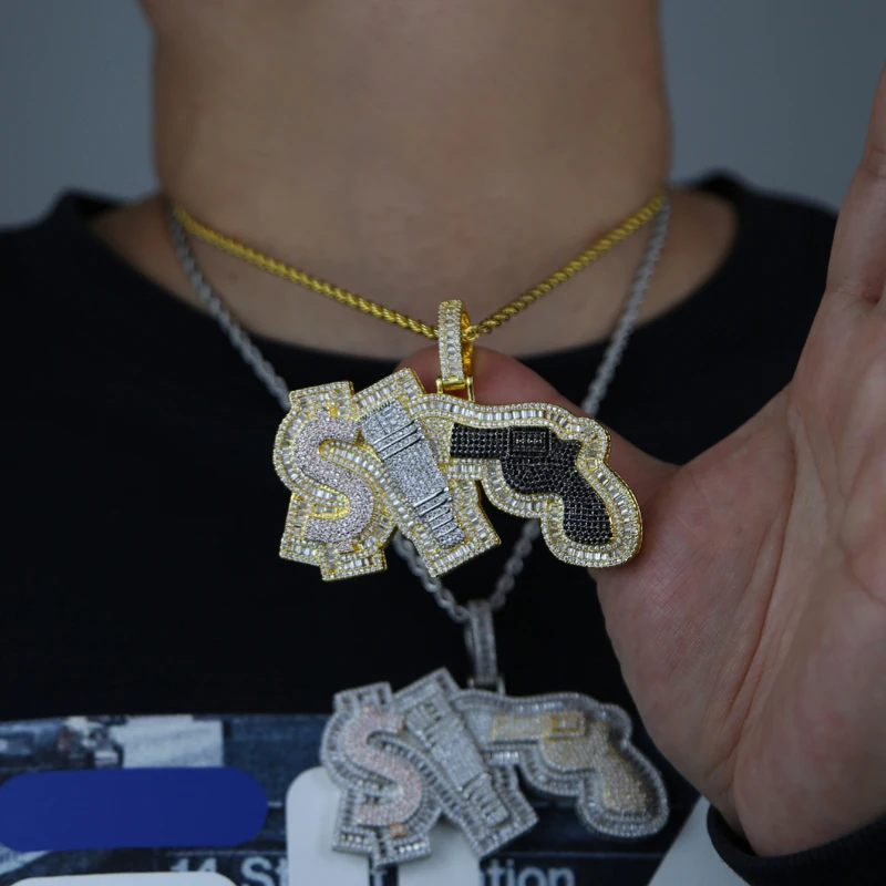 New Iced Out Bling CZ Plug Dollar Pendant Necklace Two Tone Color Zircon Money Power Respect Charm Men\'s Women Hip Hop Jewelry