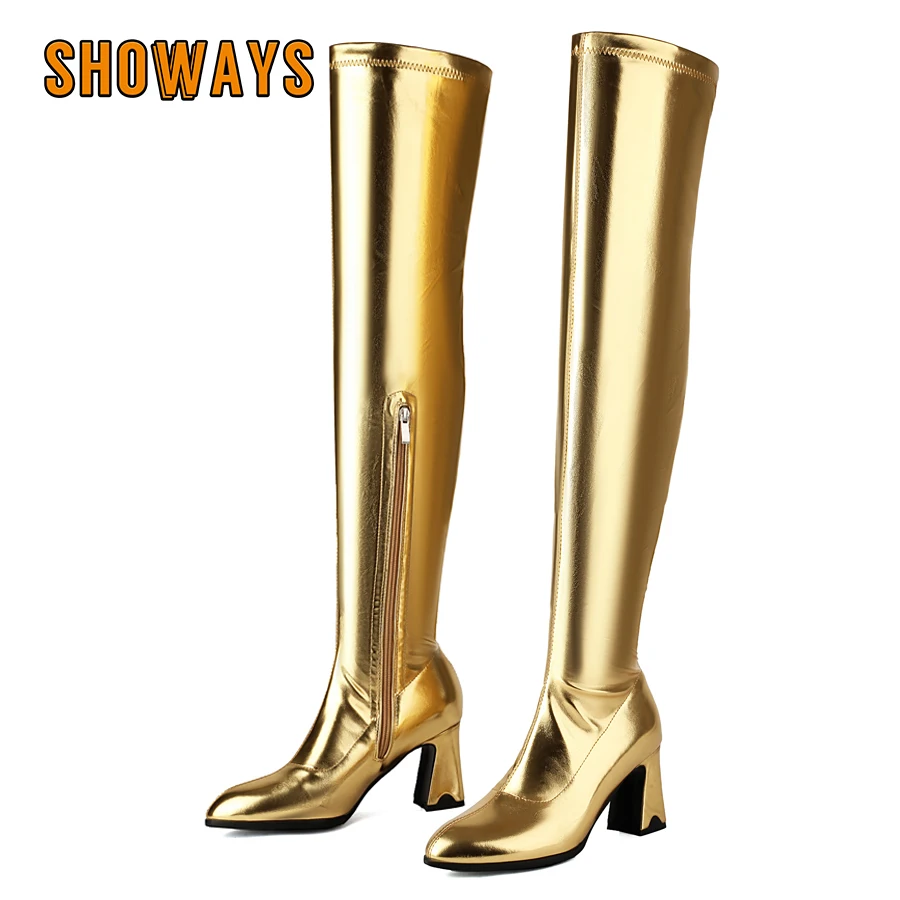 

Gold Women Stretch Thigh High Boots Pointed Toe Chunky Heel Winter Autumn White Silver Elastic Party Lady Zipper Over Knee Boots