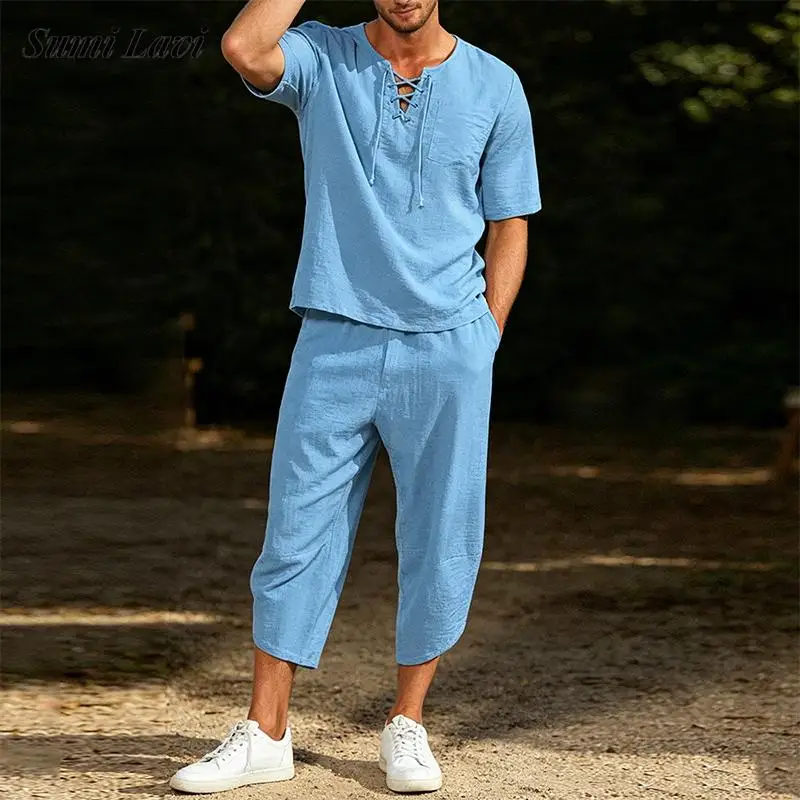 夏のカジュアルメンズリネン衣装、ヴィンテージ無地半袖ツーピーススーツ、メンズレジャーvネックtシャツとショートパンツセット