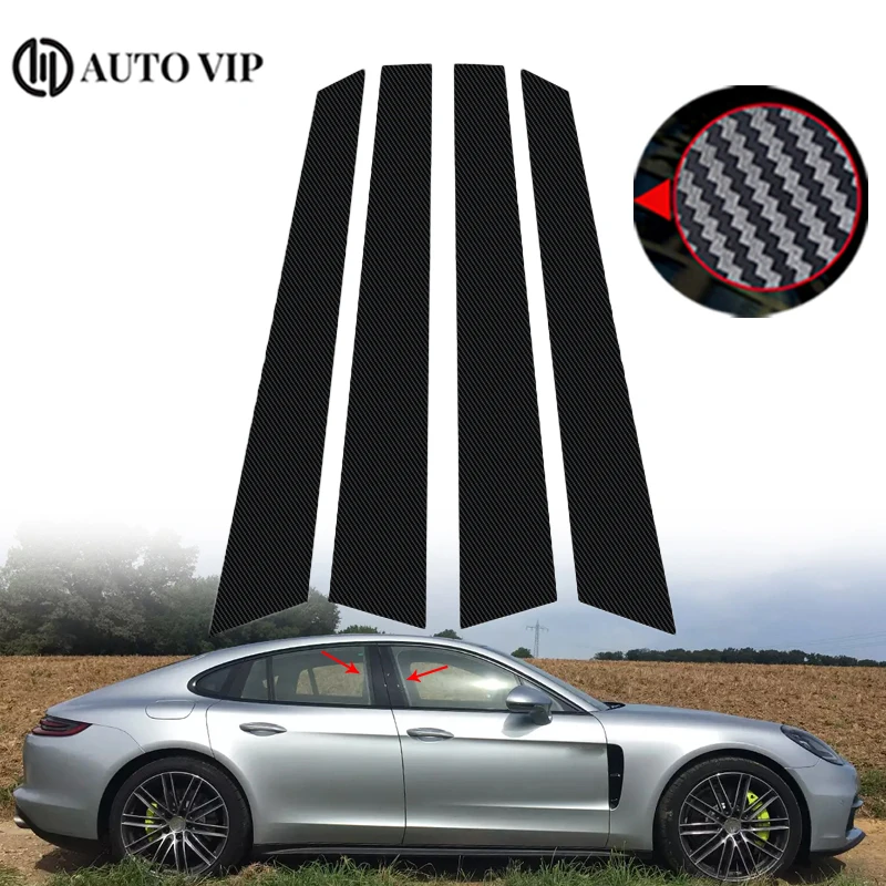 4Pcs Car Door Window Pillar Posts Trim Covers Sticker Glossy Black Exterior Parts for Porsche Panamera carbon fibre 2017-2021