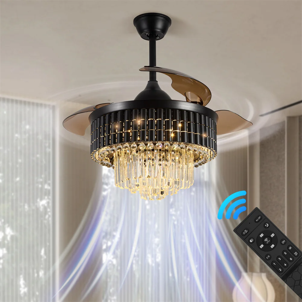 42 Inches Fandelier Ceiling Fan with Light Retractable Chandelier Fan Invisible Blades Dimmable Crystal Ceiling Fan for Bedroom