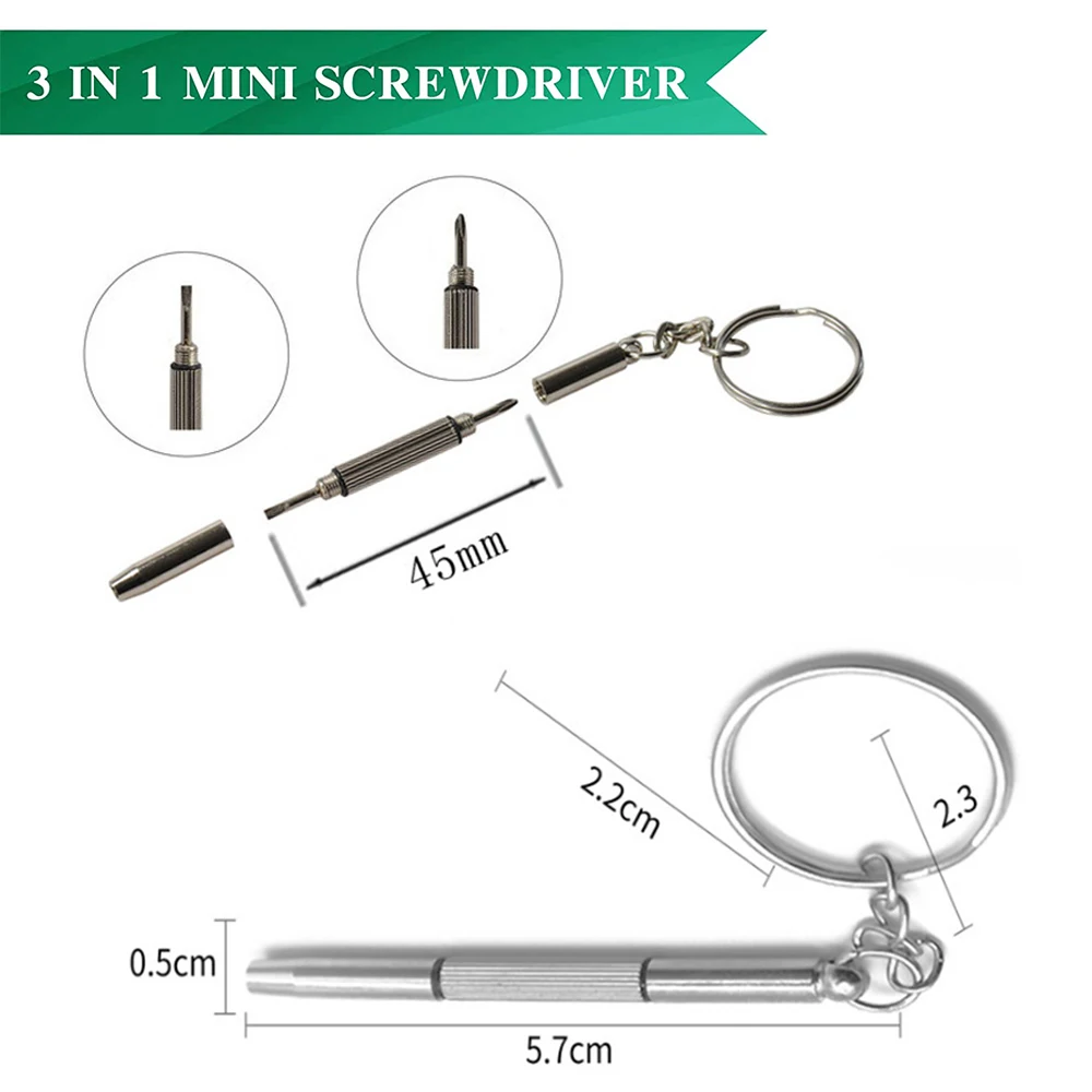 Repair Tool 3 in 1 Mini Screwdriver Keychain Eyeglass Repair kit Slotted Phillips Screwdriv for Glasses Frames Sunglasses Watch