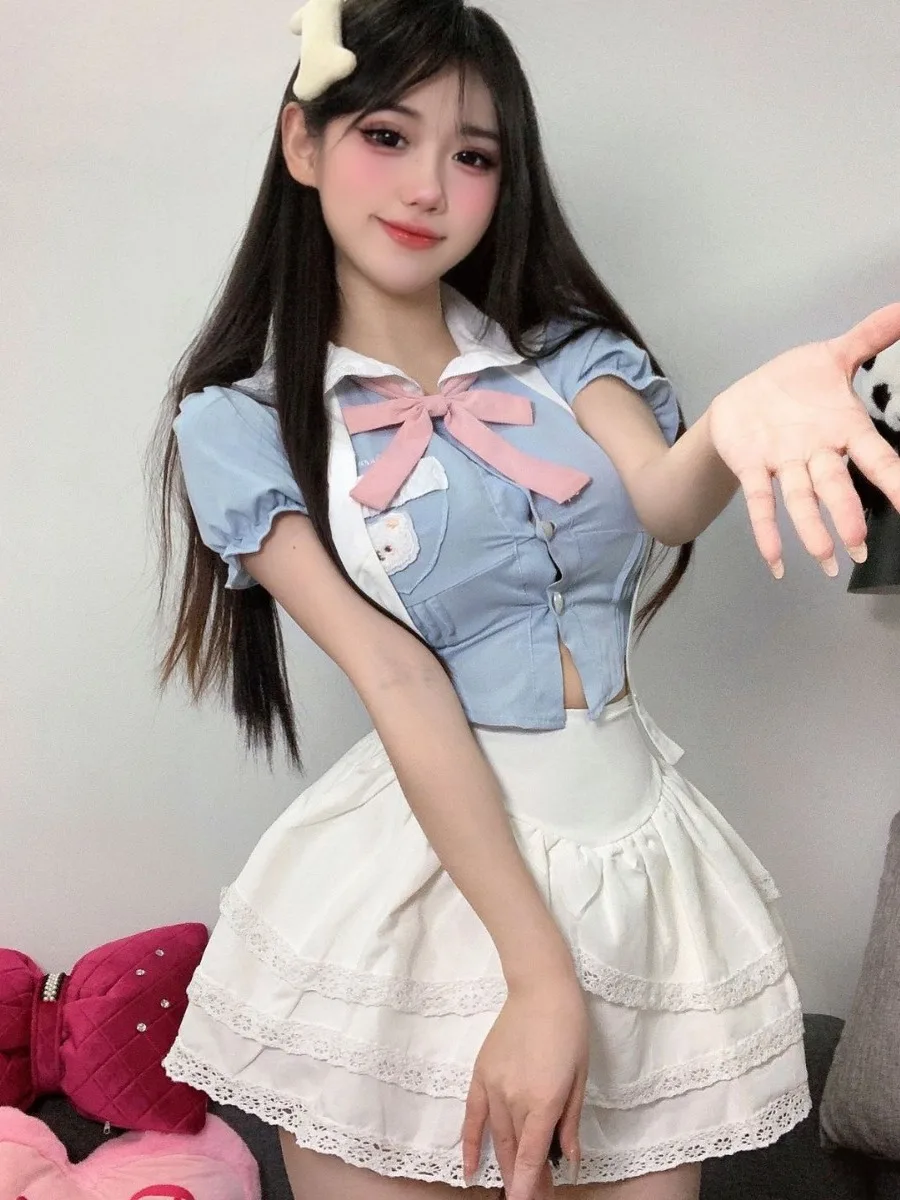 Academy Style Sweet Slim Shirt Top Summer High Waist Cake Dress Elegant Uniform For Women Kroean Sweet Women Tops ML76