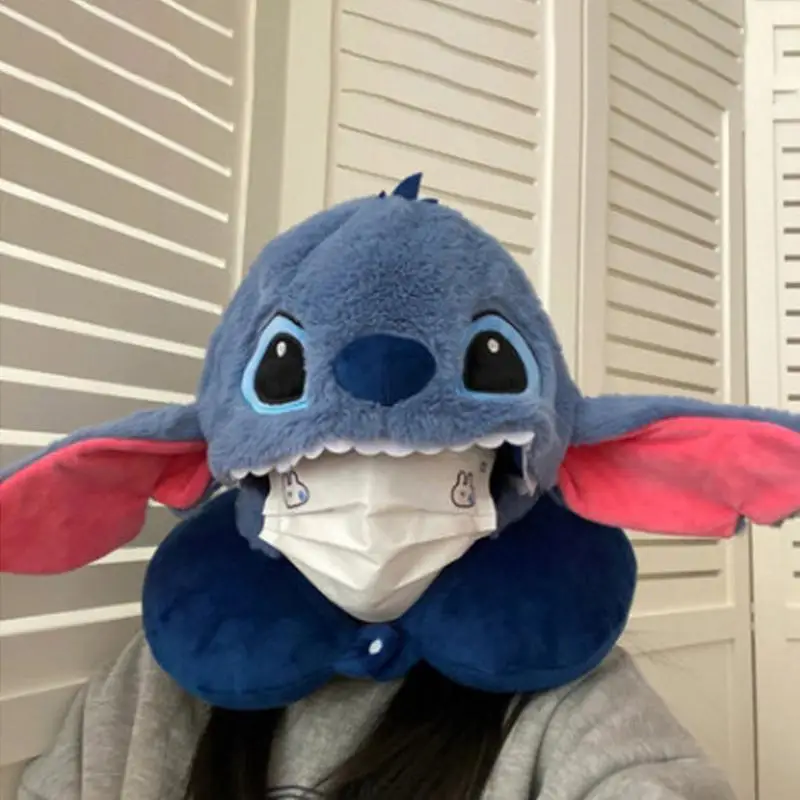 Cartoon Stitch U-Shaped Pillow with Hood, Kawaii Warm Portable Travel Neck Pillow, Pp Cotton-Filled Lunch Break Pillow, Gift