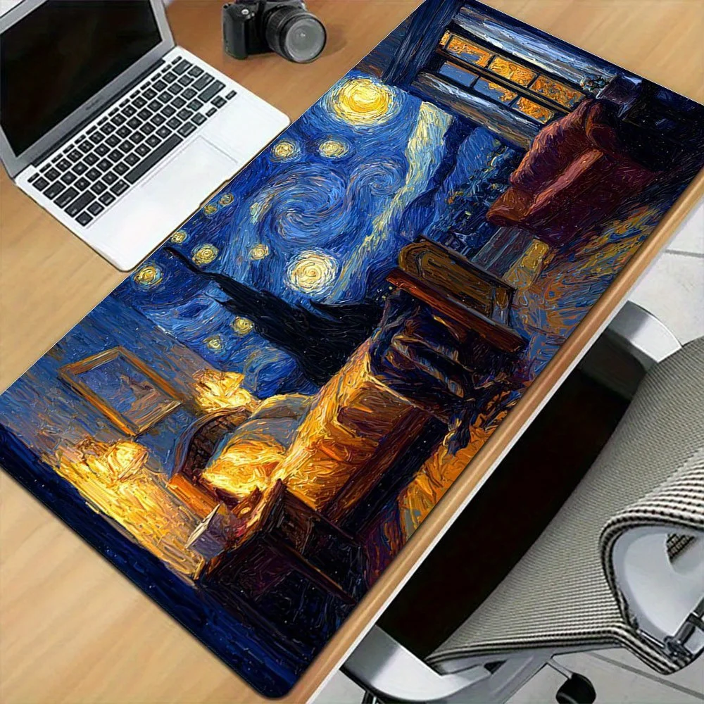 Van Gogh Starry Night Room Oil Painting Large Mouse Pad, Non-slip Gaming Desk Mat, Waterproof Keyboard Pad