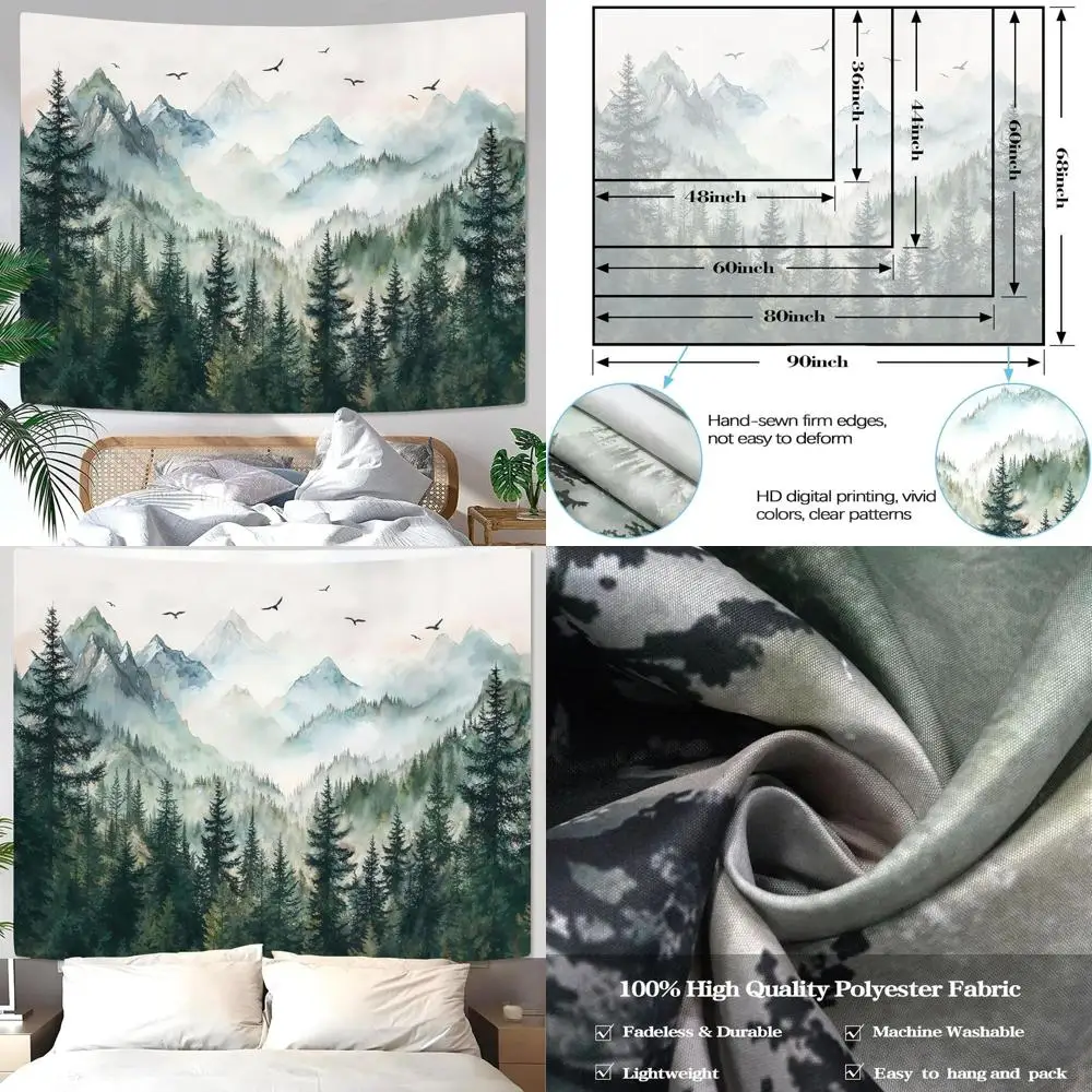 

Elegant Misty Forest Tapestry with Pine Trees, Birds, and Foggy Landscape for Bedroom and Living Room, Sage Green, 90x68 Inches