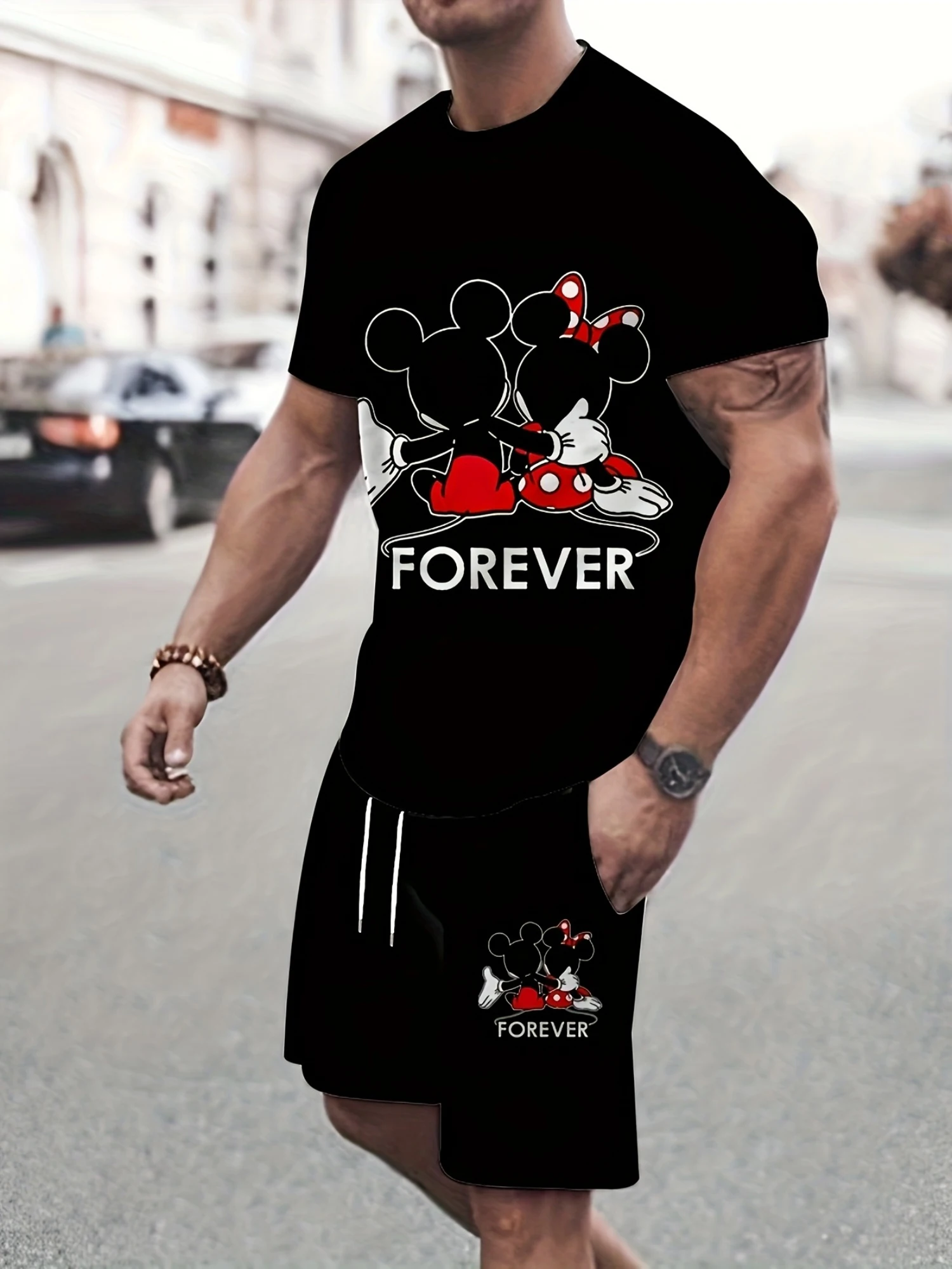 

Men's Casual Sportswear Set Disney Mickey Mouse Fashion Round Neck Short Sleeve T-Shirt and Shorts Tracksuit Suits Men Clothing