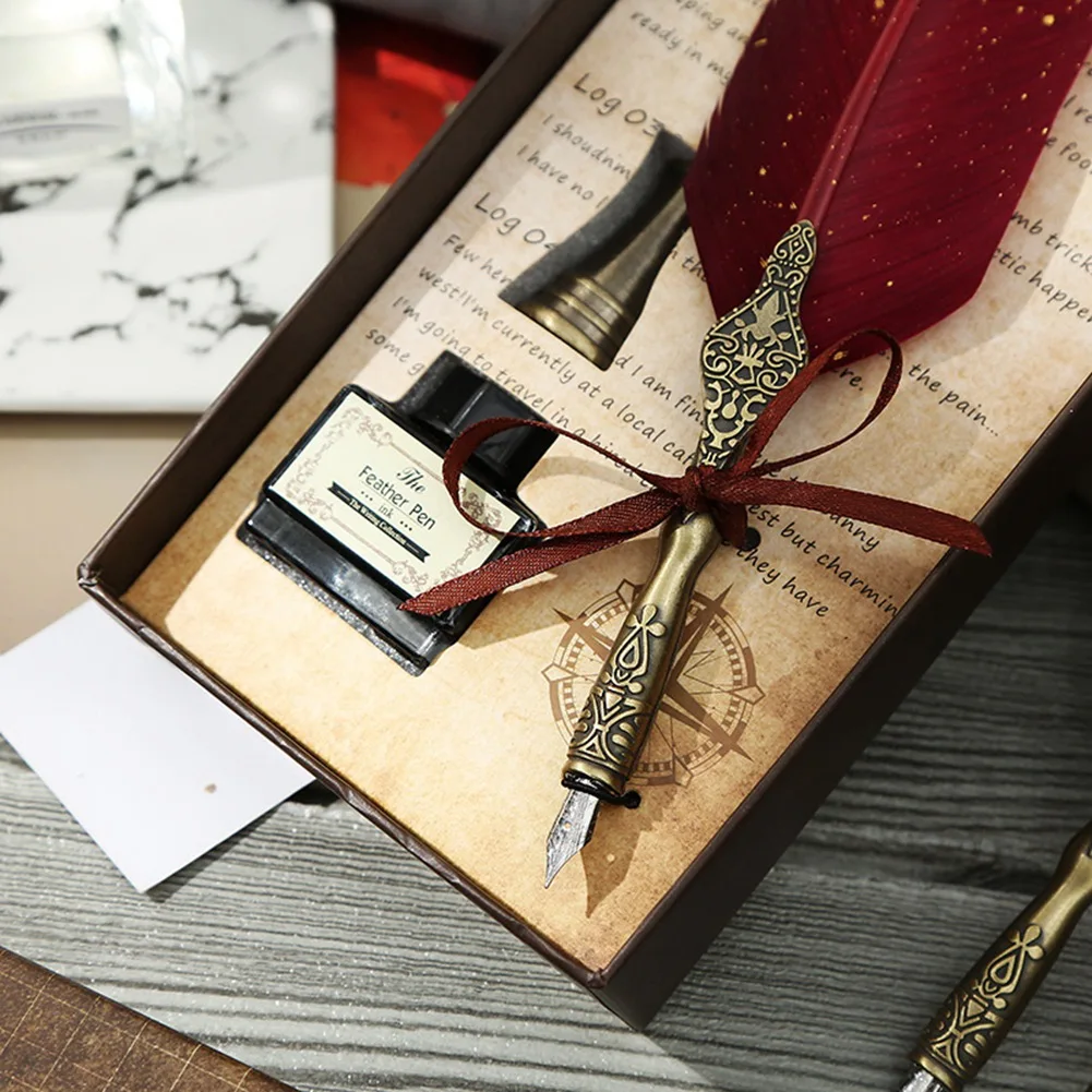 

J1UL1N Feather Pen And Ink Set Vintage Quill Dip Pen Writing Ink Nibs Kit Calligraphy Set Gifts For Beginners