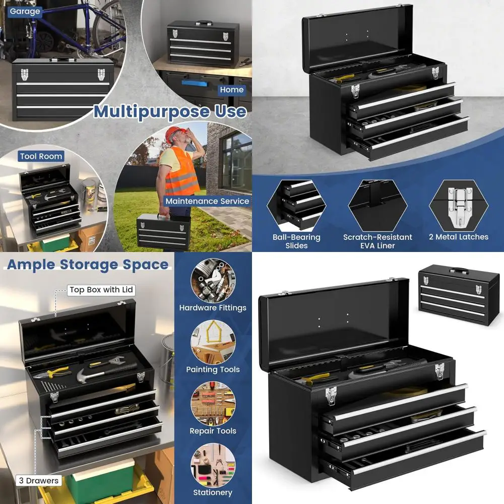 

Portable 3-Drawer Metal Toolbox with Carry Handle, Organizer for Tools, Garage, and Workshop (Black)
