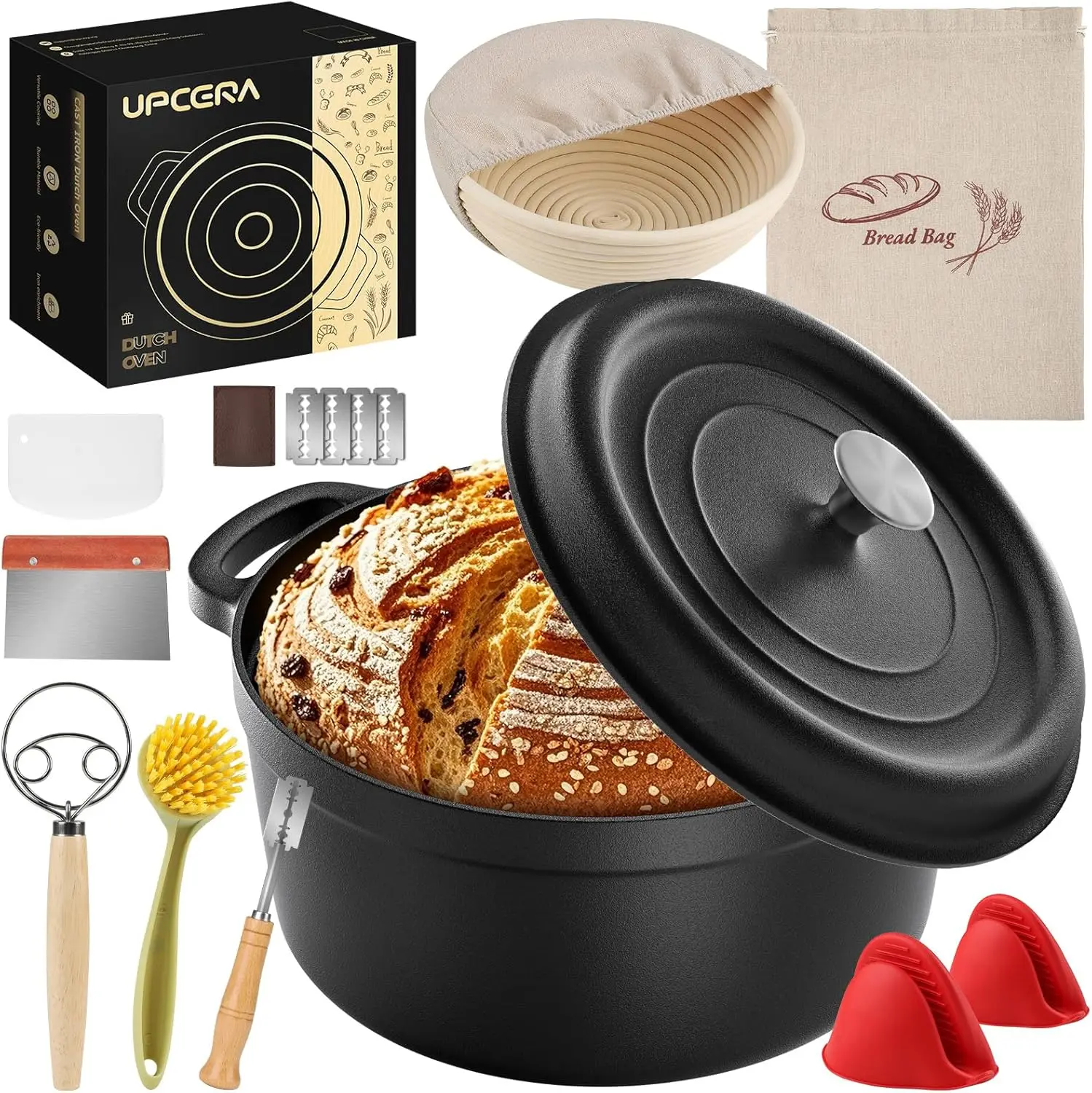 

5QT Cast Iron Dutch Oven with Lid for Bread Baking, Includes Sourdough Starter Kit and Tools Set