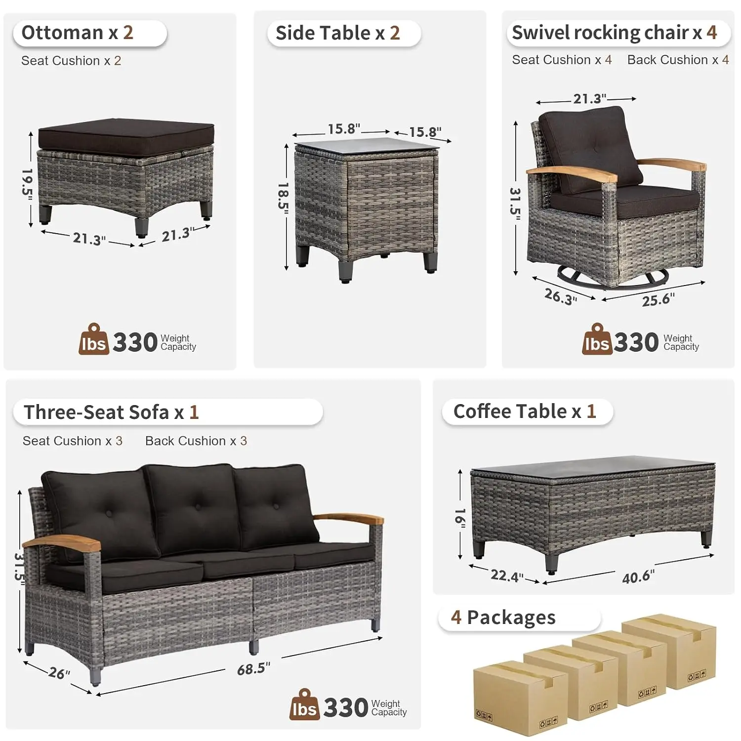 10 Pieces Patio Furniture Sets,Wicker Patio Conversation Sets with 4 Wood Armrests Swivel Glide Chairs, 2 Ottoman, 3-seat Sofa