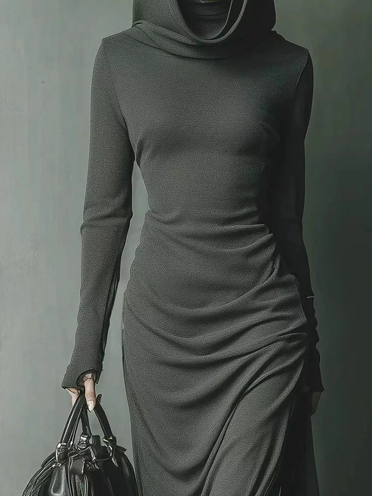 Gaun Maxi Lengan Panjang Berkerudung Baru, Gaun Pesta Chic Patchwork Fashion Musim Gugur Wanita, Gaun Wanita Elegan Kasual Solid Streetwear