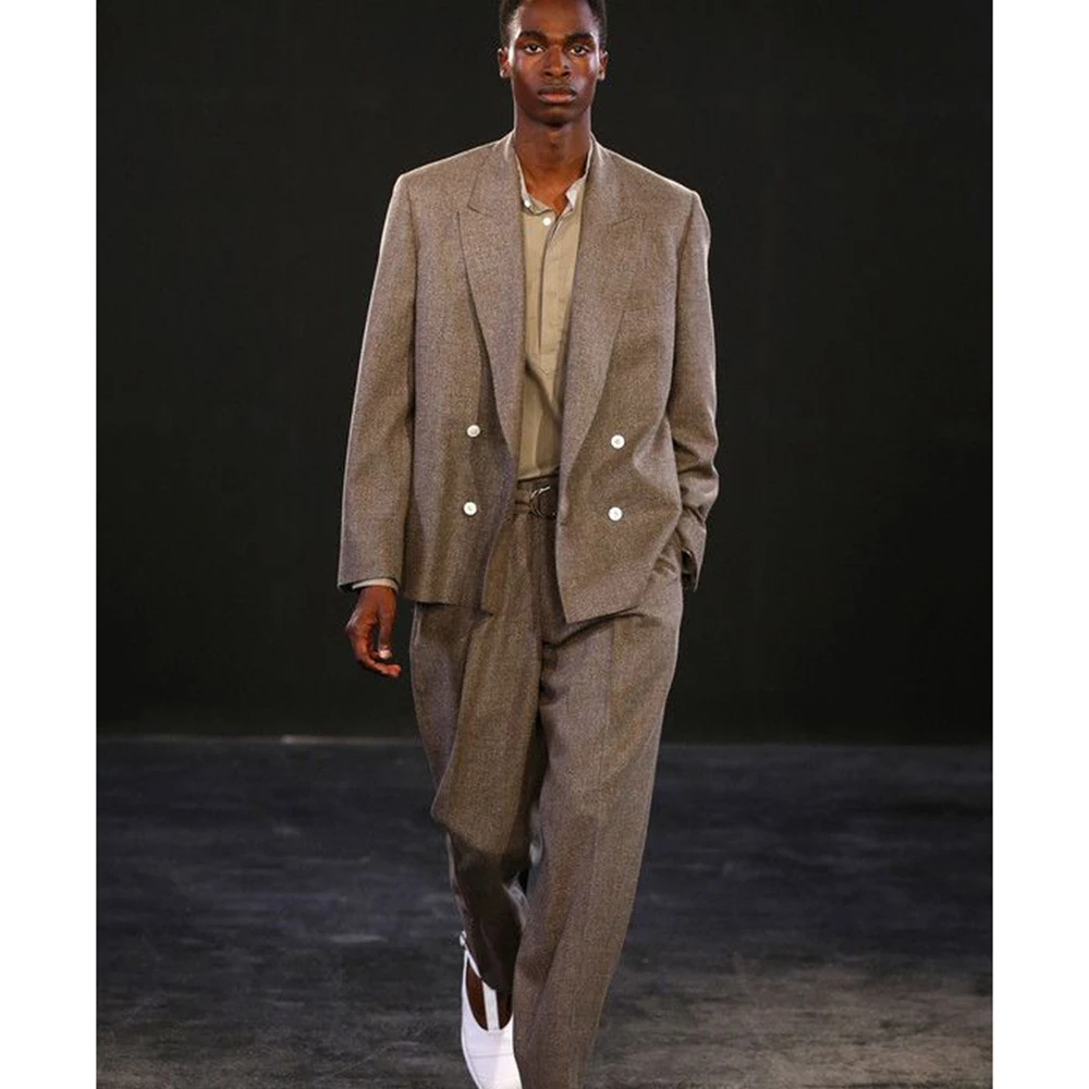

Men's Brown Double-Breasted Blazer Suit Set Retro Oversized Wide Leg Pants Formal Office/Casual Daily 2 Piece Fashion Outfit