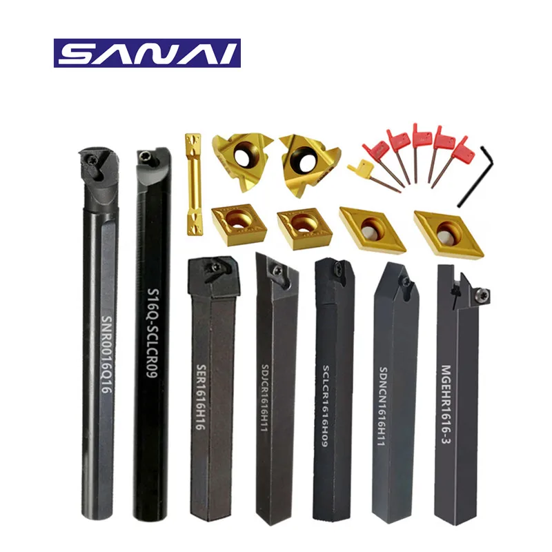 SANAI 7 Sets of 16mm CNC Lather Turning Tool Holder Boring Bar Set With Carbide Inserts for Metal Machining Combined Cutting