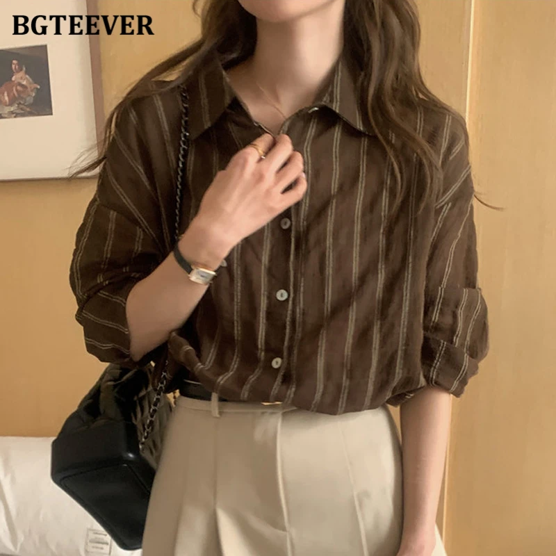 BGTEEVER Casual Loose Turn-down Colla Ladies Striped Shirts Tops Summer Fashion Long Sleeve Female Single-breasted Blouses