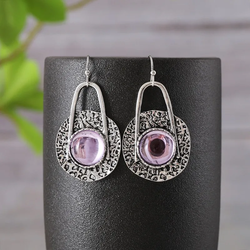 Simple Retro Geometric Disc Bohemian Earrings Inlaid with Purple and Pink Natural Stone Ornaments