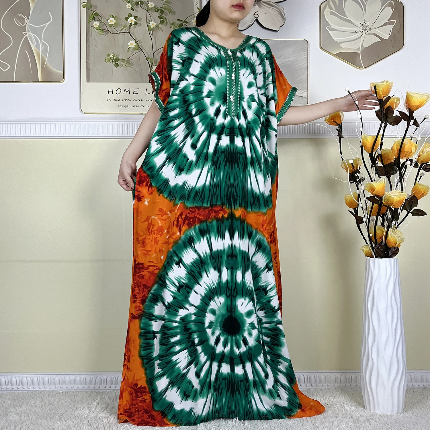 2024 New Dubai Women Dashiki Elegant Dresses Cotton Floral Printed Tie-dyed Short Sleeve Maxi Loose Islam African Abaya Clothing