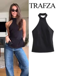 TRAFZA Female 2024 Chic Casual Black Off Shoulder Halter Crop Top Woman Summer Street Elegant Sleeveless Backless Slim Tank Tops