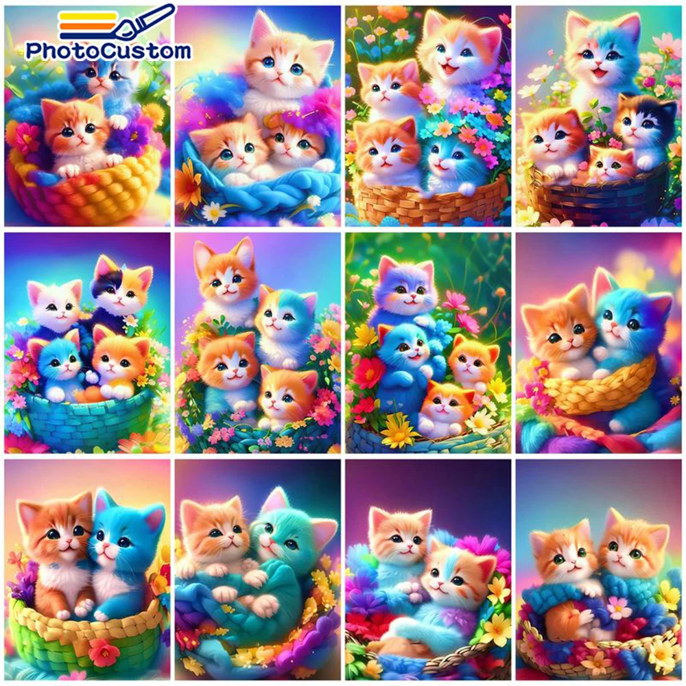 

PhotoCustom 60x75cm DIY Frame Paint By Number Colorful Cat For Adults Picture By Numbers Animal Acrylic Paint On Canvas Home Dec