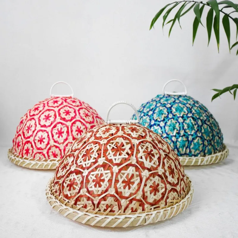 Handwoven Rattan Fruit Bowl with Lid Round Bread Basket Food Cover for Table Insect Proof Umbrella Fruits and Snacks Boho Style