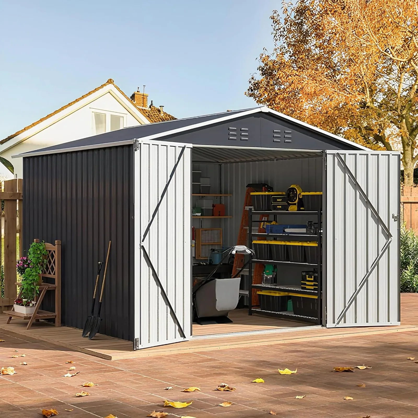 Outdoor Storage Shed Black | Utility Metal Tool Storage with Lockable Doors and Updated Frame Structure, Metal Garden Shed for Backyard, Patio Lawn