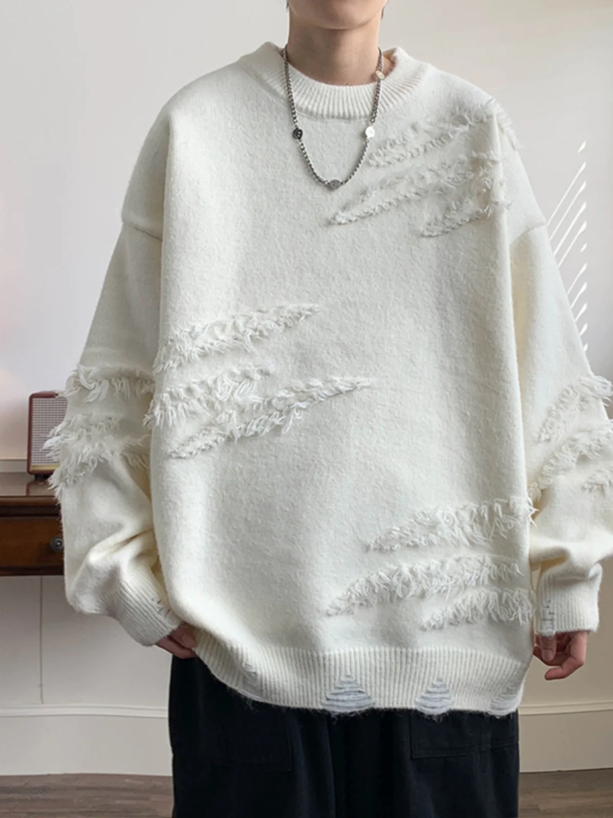 

Модный зимний вязаный свободный мужской свитер с дырками и рваными краями для пар, повседневный, с круглым вырезом, длинными рукавами, молодежный стиль