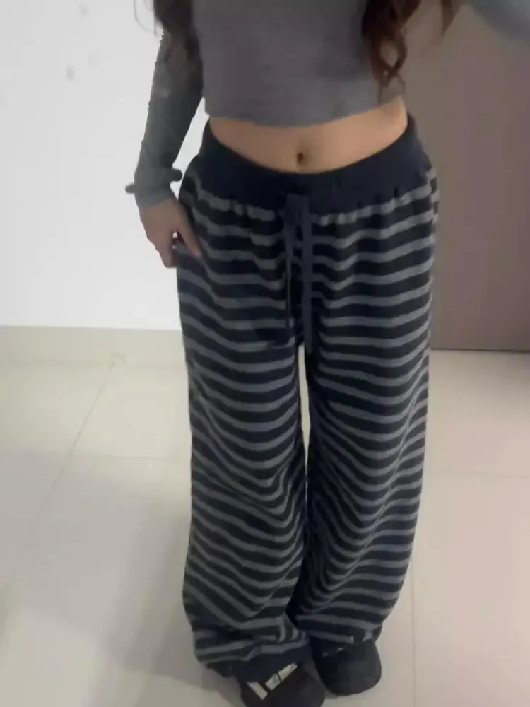 Women Stripe Wide Leg Pants Y2K Vintage Grunge Trousers Contrast Color Loose Knit Casual Straight Leg Pant