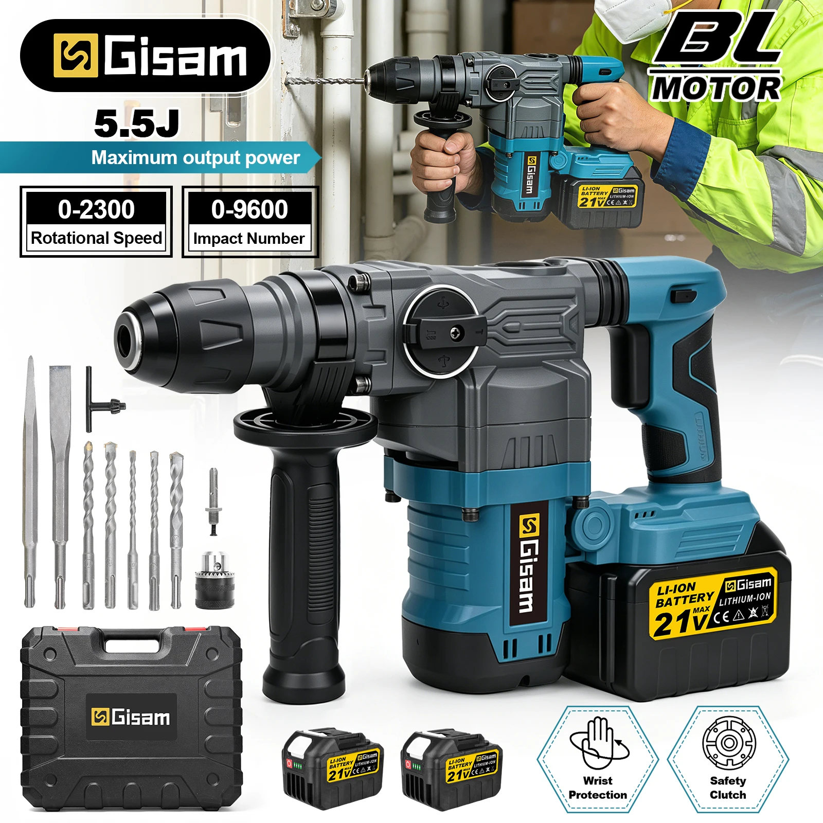 GisamBrushless Electric Hammer High Impact Rotary Hammer 5.5J Powerful Concrete Chipping Drill Tool For Makita 18V Battery Pin