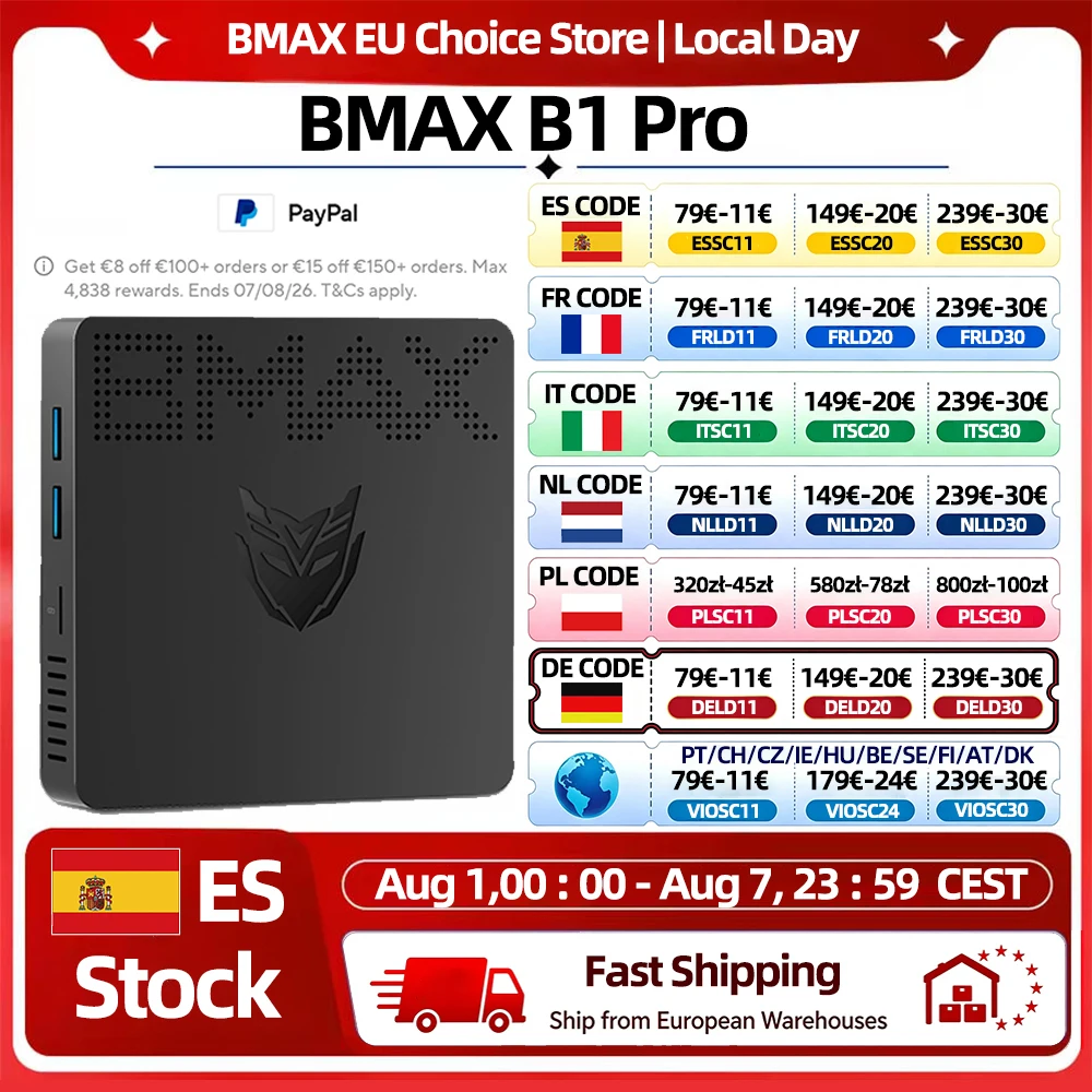 Mini PC BMAX B1 Pro con Windows 11, Intel N4000, 8GB de RAM, 128GB de ROM, Gráficos Intel UHD 600, WiFi, HDMI, VGA, Bluetooth