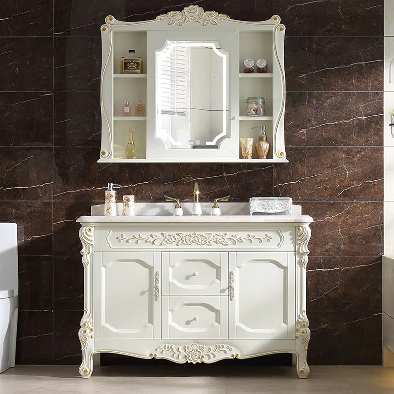 

European bathroom cabinet red oak mirror cabinet solid wood washbasin floor-to-ceiling bathroom marble