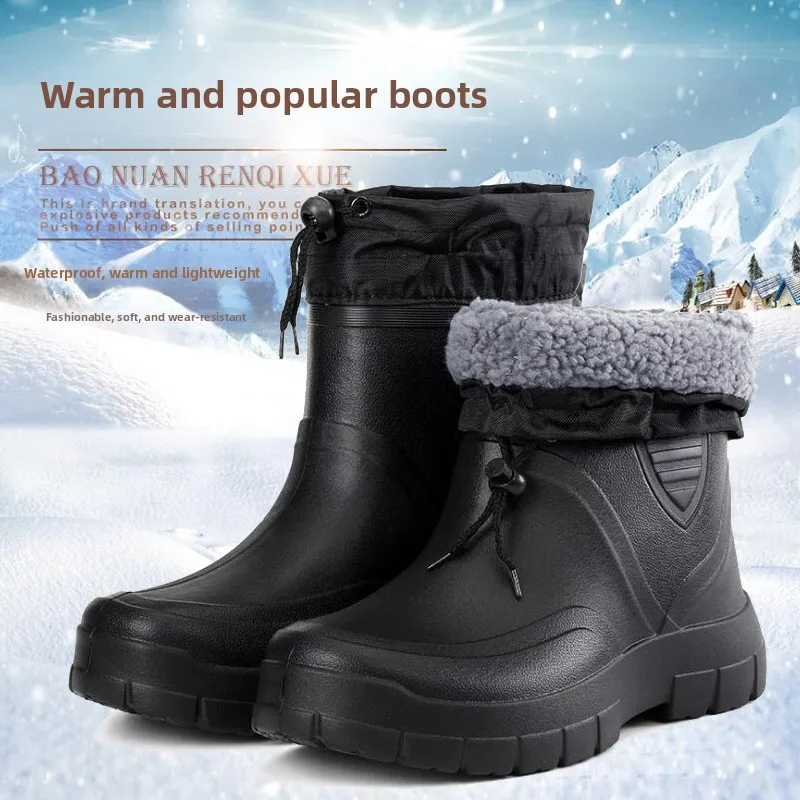 

2025 New Style Snow Boots Men's Waterproof Rain Boots Lined with Fleece Anti-slip Warm Cotton Shoes Labor Protection Rain Shoes