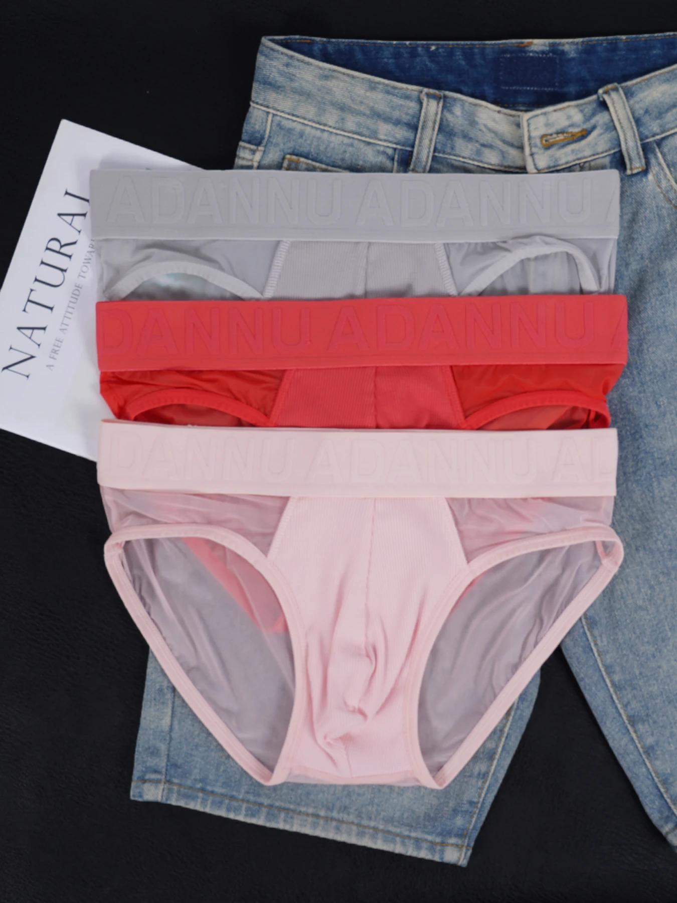 

3 PCS Men's ADANNU Sheer Mesh Briefs U Convex Pouch Embossed Elastic Waistband Breathable See-Through Sexy Underwear