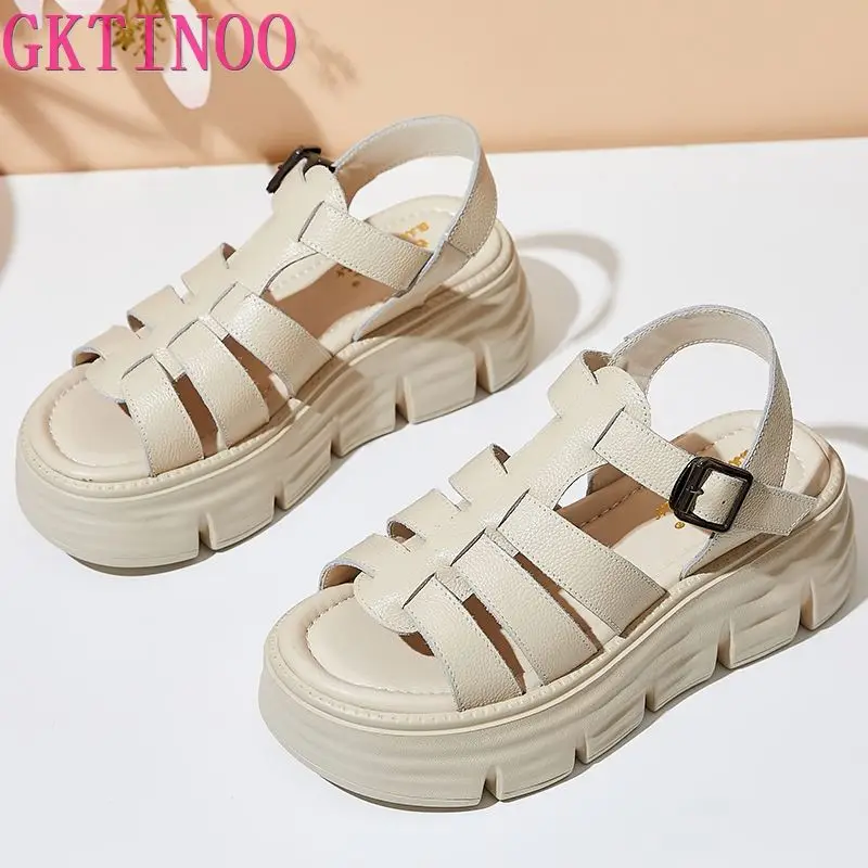 GKTINOO 6cm New Women Sandals Buckle Slides Cow Genuine Leather Summer Fashion Platform Wedge Luxury Females Comfy Ladies Shoes