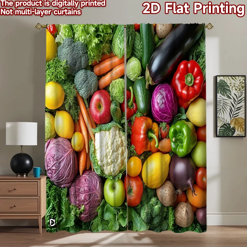 2D flat 2pcs Curtain Country Style Fresh Fruits and Vegetables Digitally printed polyester, colorfast Festive Holiday Perfect