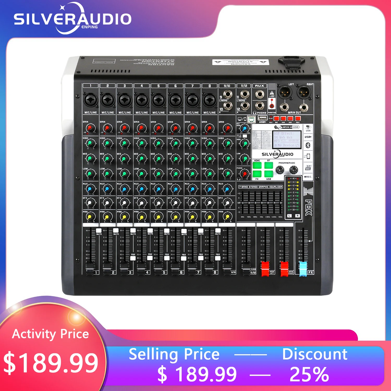 

GAX-TXS12 professional 12-channel DJ audio mixer with 24 kinds of DSP 7-band equalizer BT USB MP3 audio stage performance mixer