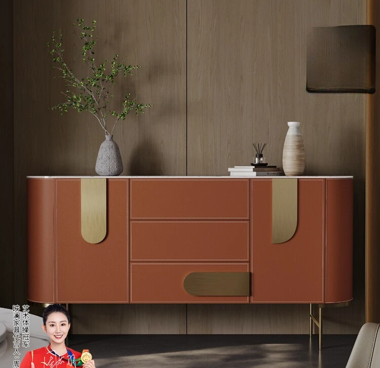

Italian light luxury dining side cabinet, saddle leather rock slab, secret cabinet, living room partition storage cabinet