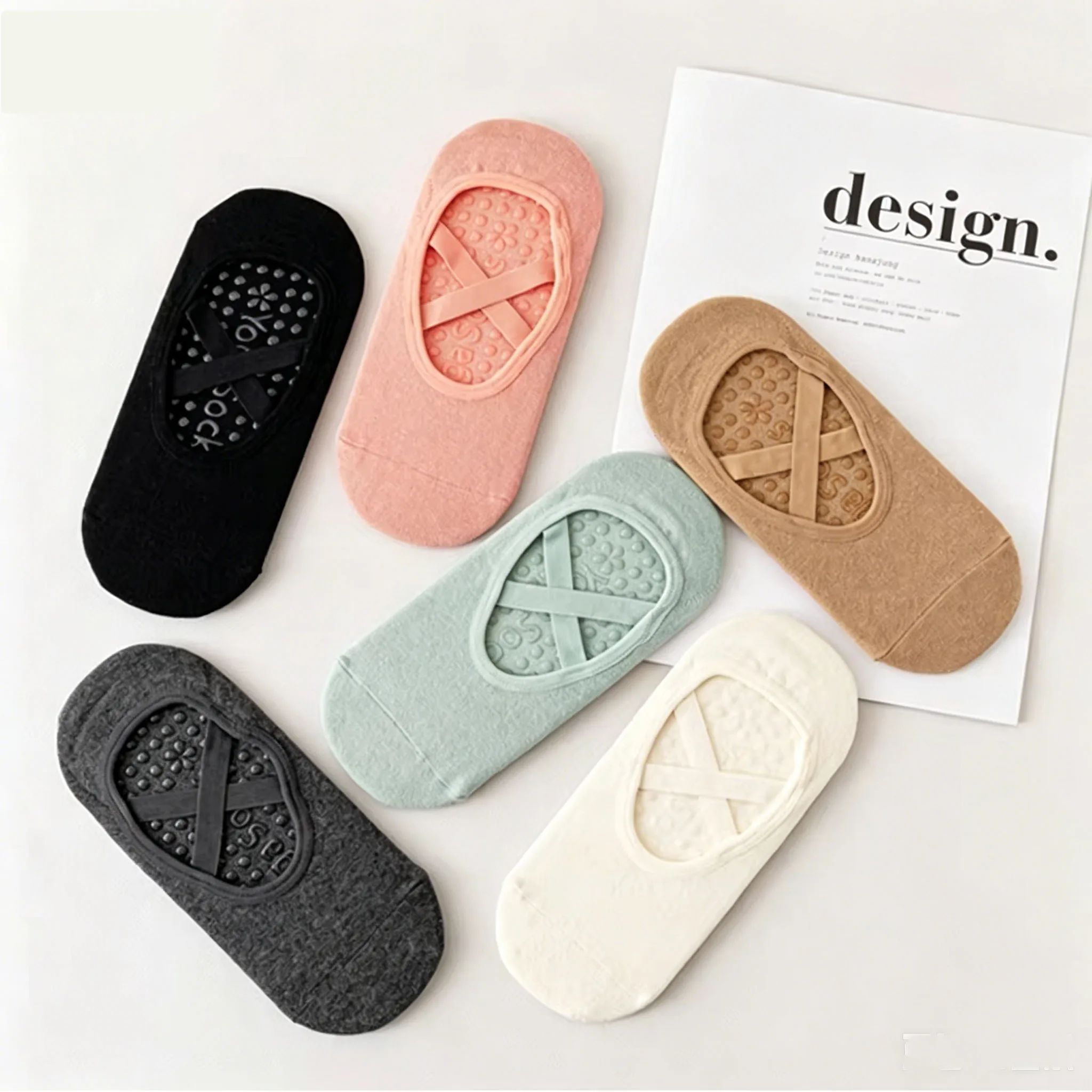 Non Slip Women Yoga Socks Silicone Cross Straps, Soft Breathable Cotton Socks for Pilates, Ballet, Dance & Home Workout