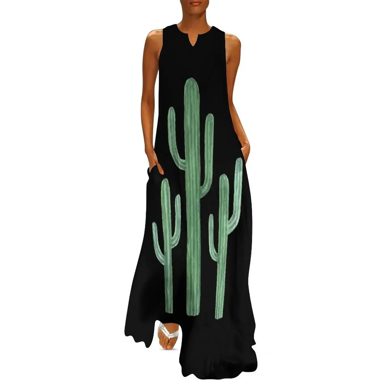 

Three Beautiful Green Cacti Succulent on Black Design Long Dress summer dress women 2025 Dress