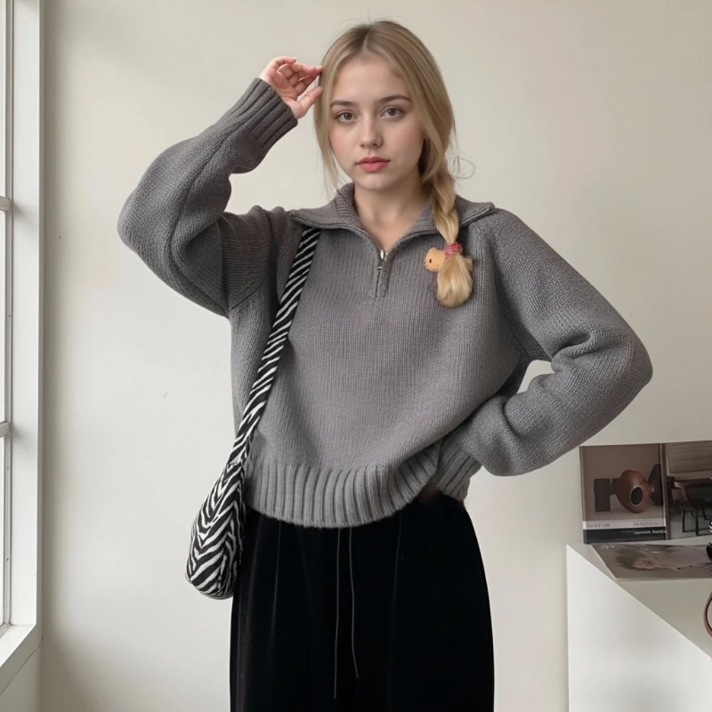 

Causal Korean Turtleneck Solid Sweet Long Sleeved Knitted Pullover Sweater Autumn Winter Fashion New Half Zipper Women's Top 12